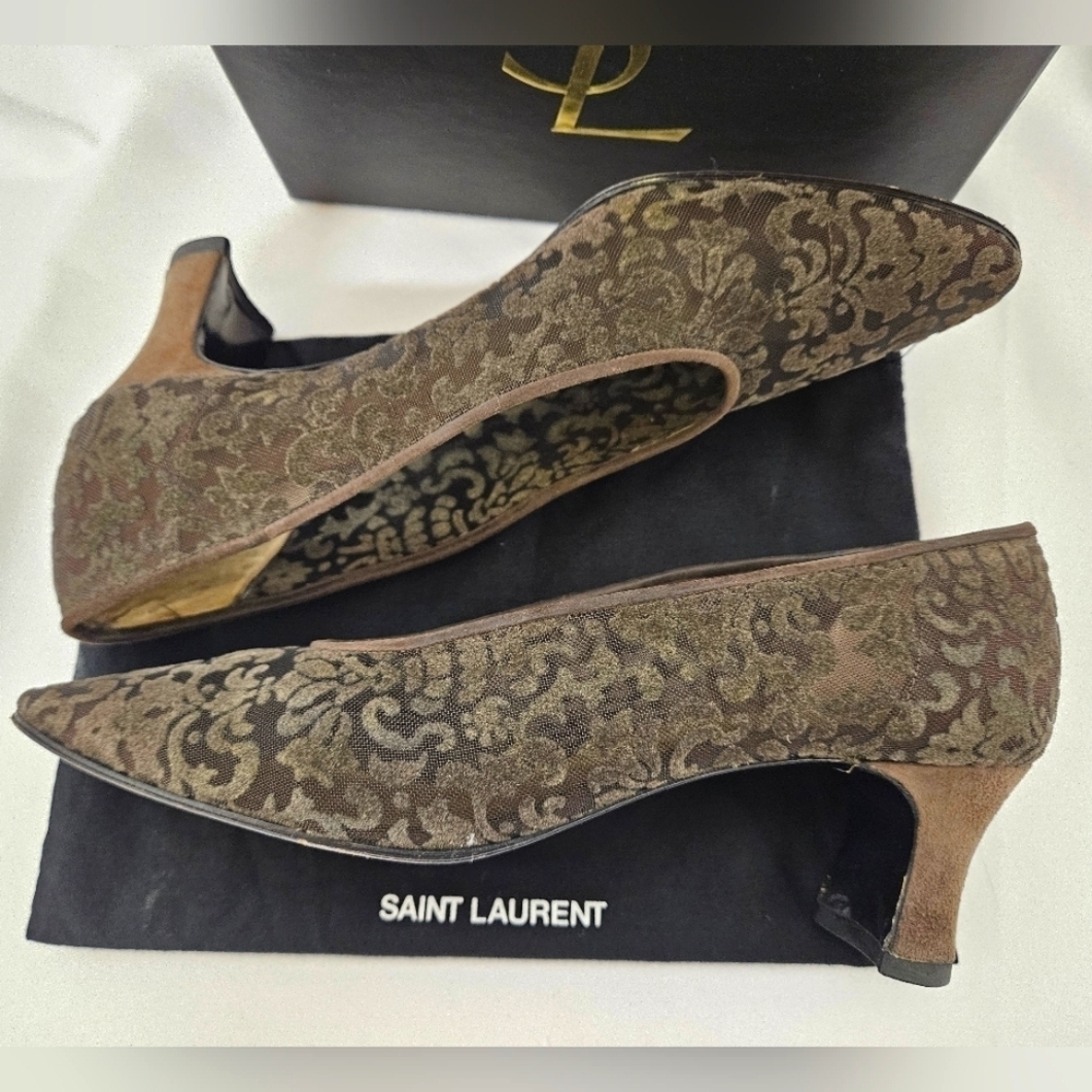 Saint Laurent Almond Toe Kitten Heels In Brown Suede And Velvet Mesh Size 9 - Picture 4 of 12